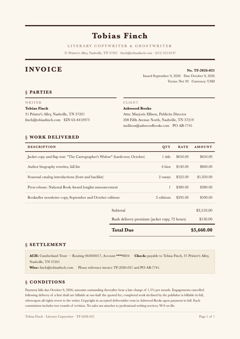 Heritage letterpress freelance writer invoice